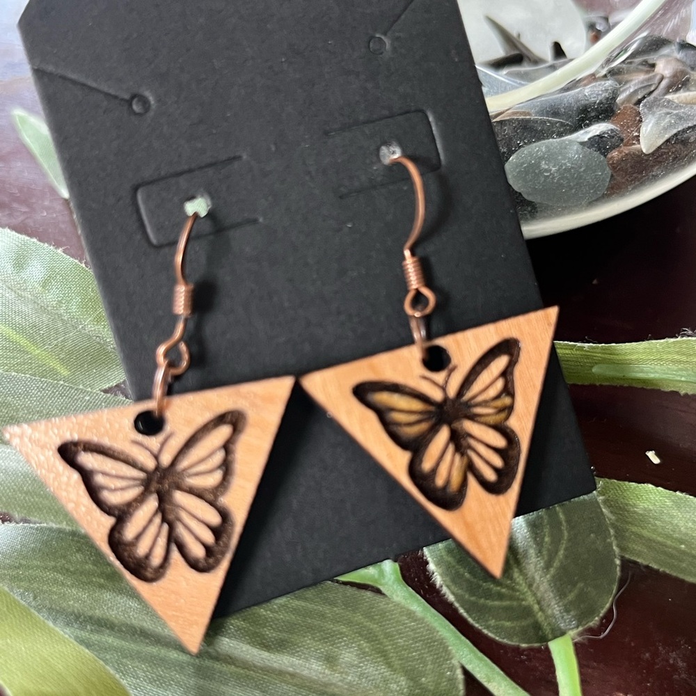 Wood laser cut butterfly dangle earings